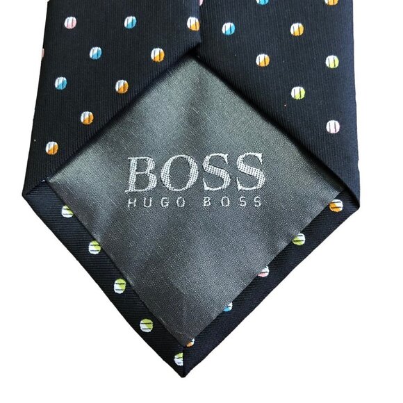 Hugo Boss Necktie 100% Silk Made in Italy Black with Multicolor Dots / Balls EUC - Picture 5 of 6